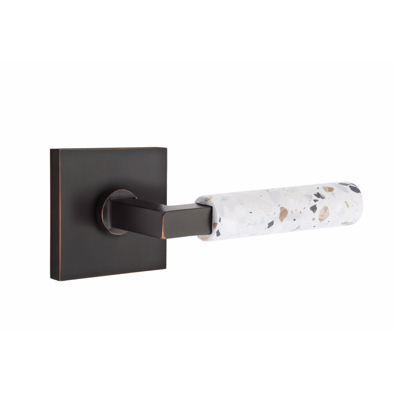 Ensemble de leviers d'intimité Emtek Select, rosette carrée, tige carrée en L, poignée en terrazzo clair, gauche, Droite