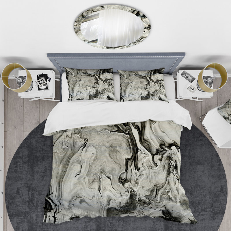 Ensemble de housse de couette abstraite en polyester peint à la main en marbre acrylique, Noir et blanc