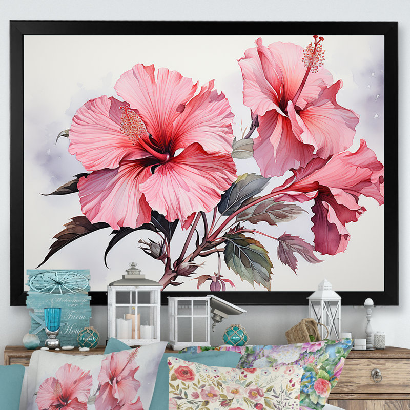Hibiscus rose, H 34 po x l 44 po x P 1,5 po, Cadre simple noir