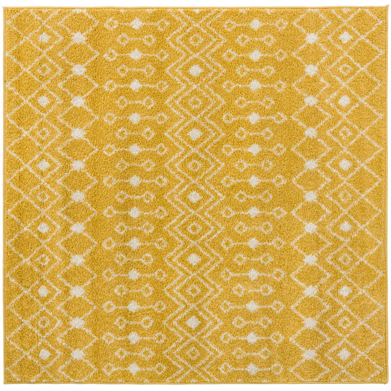 Tapis jaune / ivoire en polypropylène tissé à la machine Briehn, Carré 5 pi 3 po