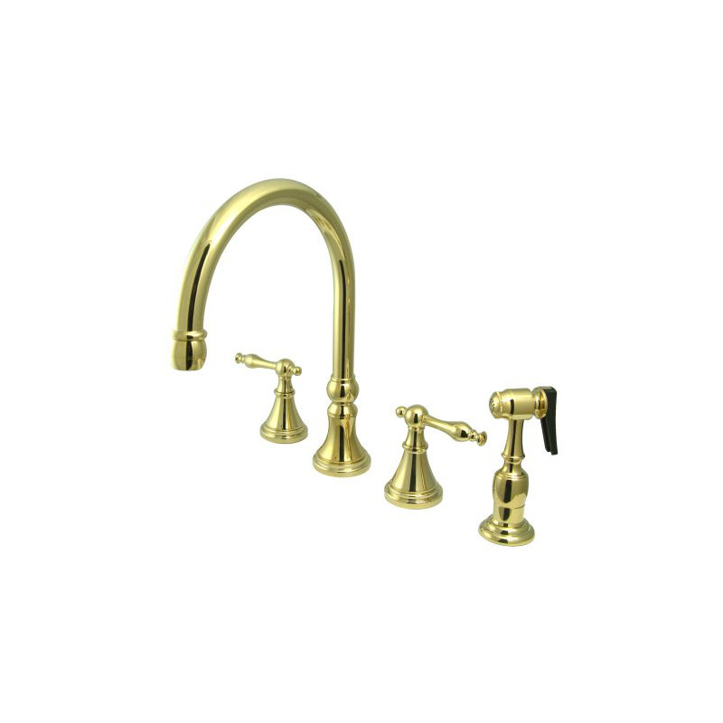12" Deck Mount Double Handle Widespread Kitchen Faucet with Metal Lever Handle, Polished Brass