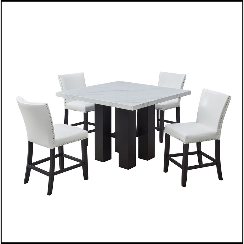 2Pc Counter Height Upholstered PU Chair With Footrest Chrome Nailhead Trim Pub Height, White