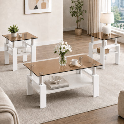 Ensemble de tables basses 3 pièces en verre trempé et bois d'ingénierie, brun et blanc