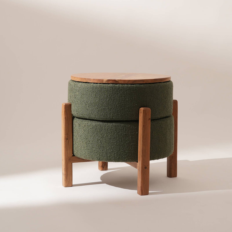 Modern Boucle Upholstered Ottoman | Wooden Base