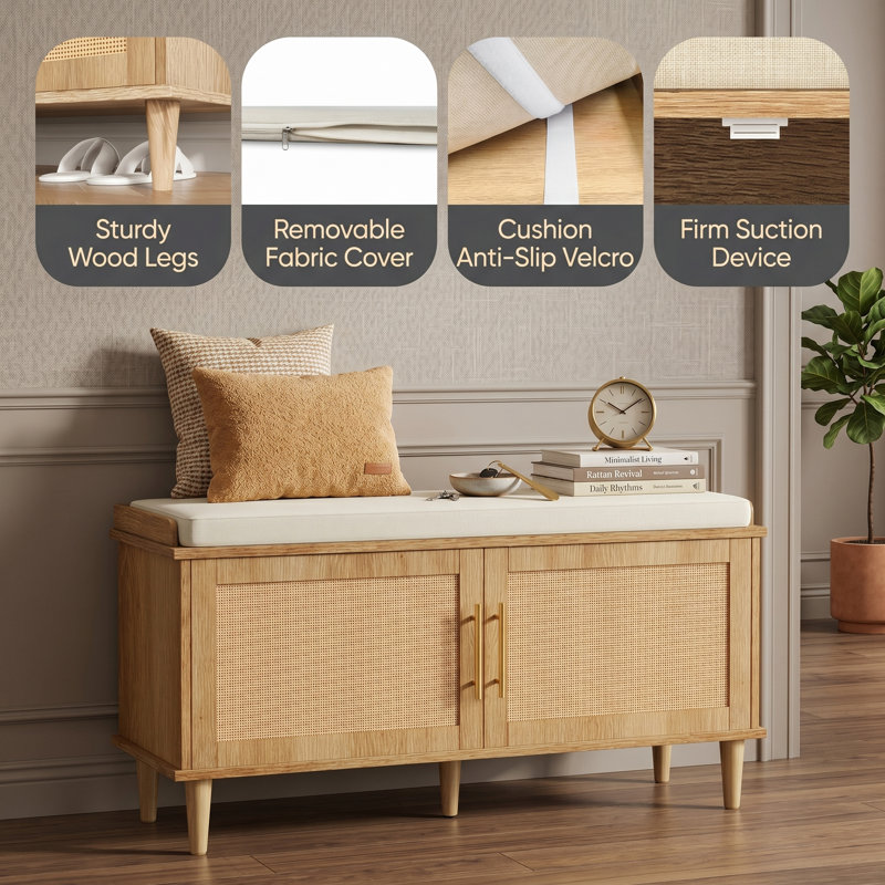 Banc de rangement pour chaussures en rotin naturel avec coussin, conception de hall d'entrée à 2 niveaux avec tablettes réglables et deux portes, pieds en bois massif, 39,4 x 15 x 20 po