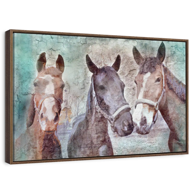 Trois chevaux voisins, Cadre flottant noyer, 40 po x 27 po