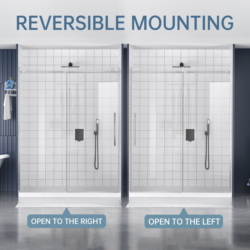 Porte de douche coulissante simple sans cadre de 56 à 60 po x H 75 po avec verre trempé transparent de 5/16 po, Nickel brossé