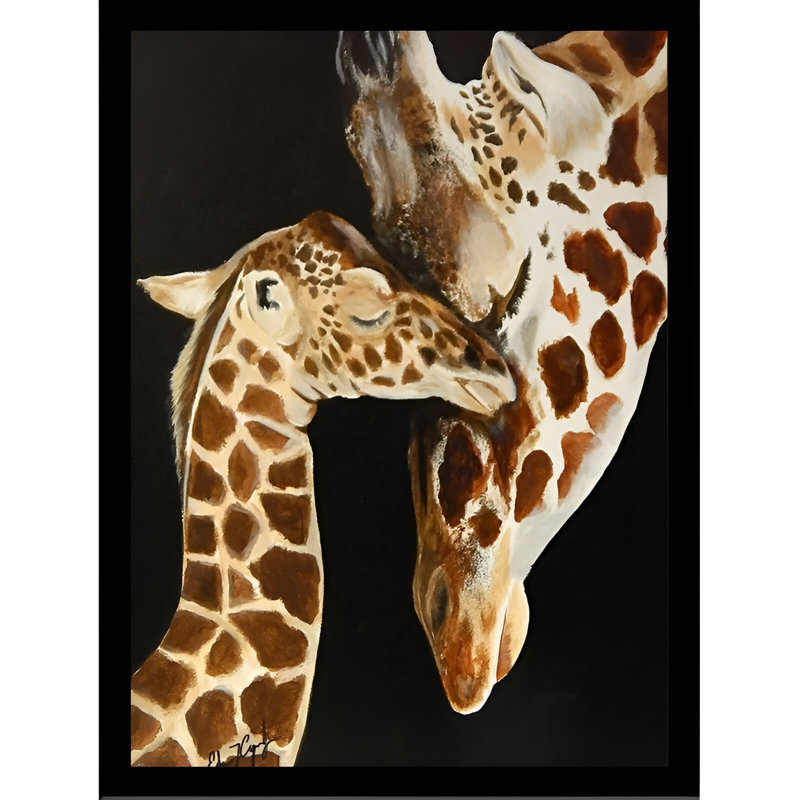 «Giraffes First Kiss», reproduction de peinture acrylique encadrée, H 40 po x l 30 po, Cadre noir, Pas de tapis