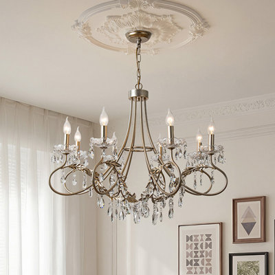 Lustre en cristal 8 lumières 37,4 "de style français rétro avec cadre en fer forgé argenté vieilli de style bougie - Luminaire suspendu de luxe décoratif pour salon, salle à manger, chambre à coucher