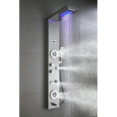 6-way Diverter Shower Tower Panel System with LED Rainfall Waterfall Shower Head, in Brushed Nickel