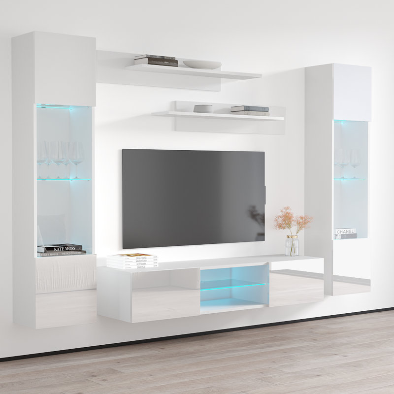 Meuble audio-vidéo mural flottant 100 "avec éclairage 16 couleurs DEL, finition brillante Entertainment, Blanc