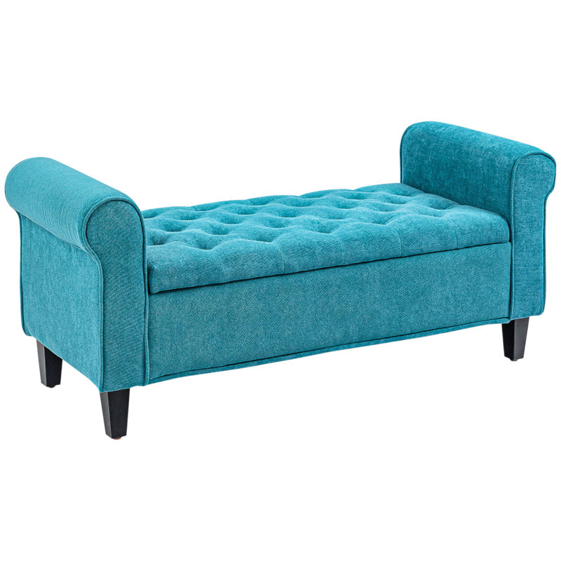 50" Storage Ottoman Bench, Upholstered End Of Bed Bench With Rolled Arms, Wood Legs, Button Tufted Storage Bench With Safety Hinges For Living Room, Entryway, Bedroom, Teal