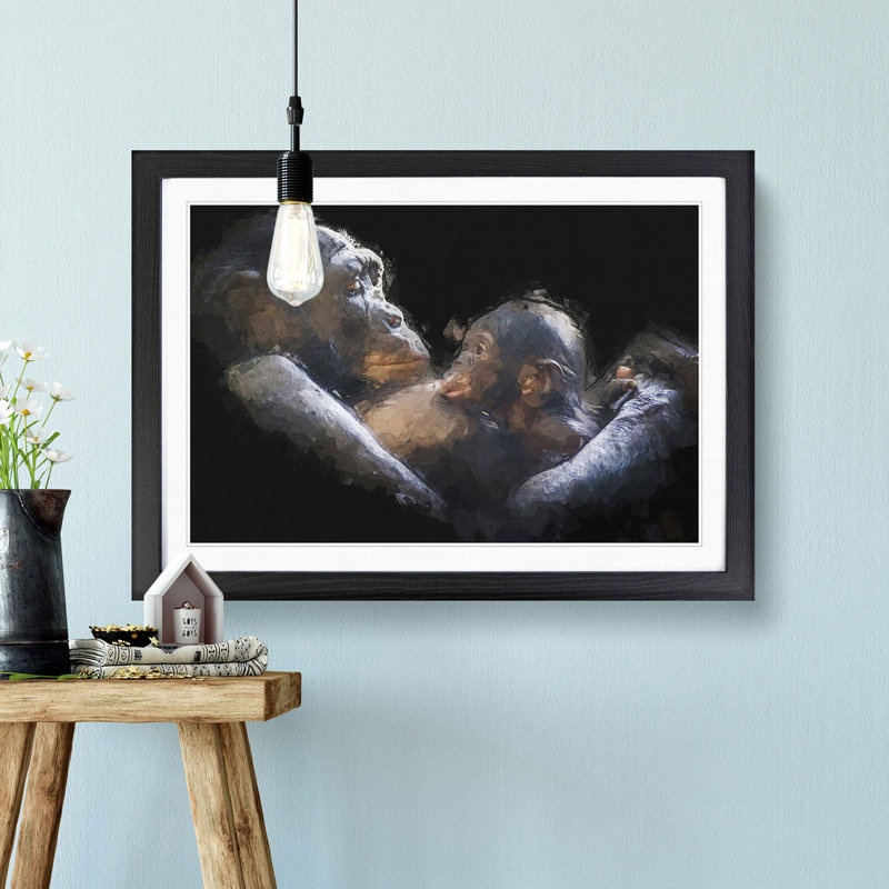Gorilla Mother & Child in Abstract - Framed Print, 48cm H x 65cm W x 2cm D, Black Framed