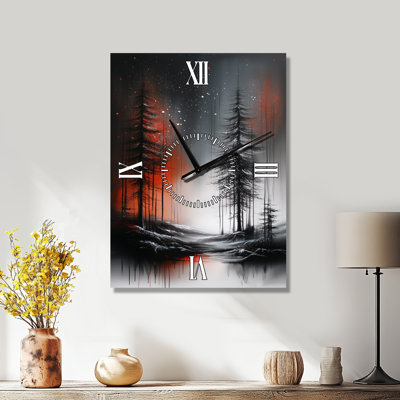 Starlight Crimson Night Forest I - Celestial Wall Clock
