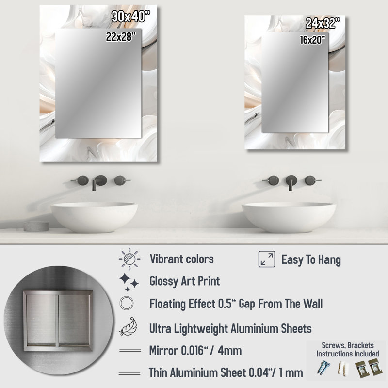 White Ripples Of Stone III - Waves Unique Mirror, White Large Wall Mirror, Printed Metal Art, 40" x 30"