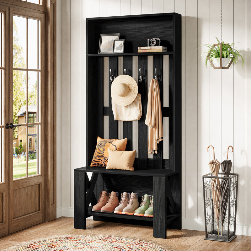 70.9"H Hall Tree with Bench and Shoe Storage, Black