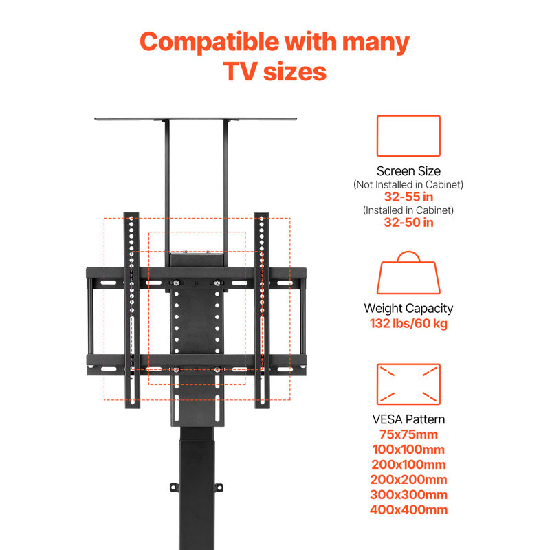 Support de support motorisé avec télécommande pour télé de 32 à 70 po, H 60,40 po x l 19,10 po x P 6,90 po