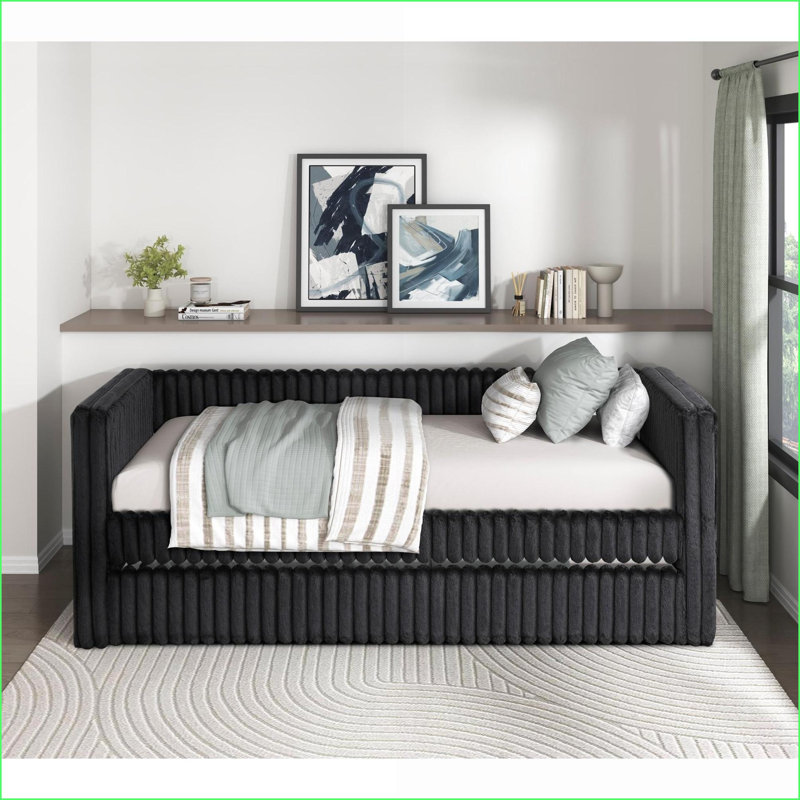 Daybed with Trundle, Modern Black Corduroy Fabric for Guest Room/Living Space | Black | Plywood, Black Chenille