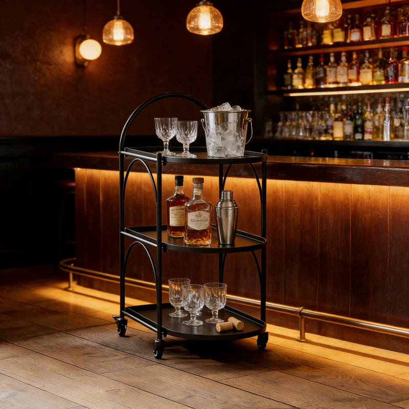 Metal Bar Cart With Locking Wheels - Rolling Serving Cart For Kitchen, Living Room, And Home Bar - Mobile Beverage And Drink Trolley With Sturdy Shelves