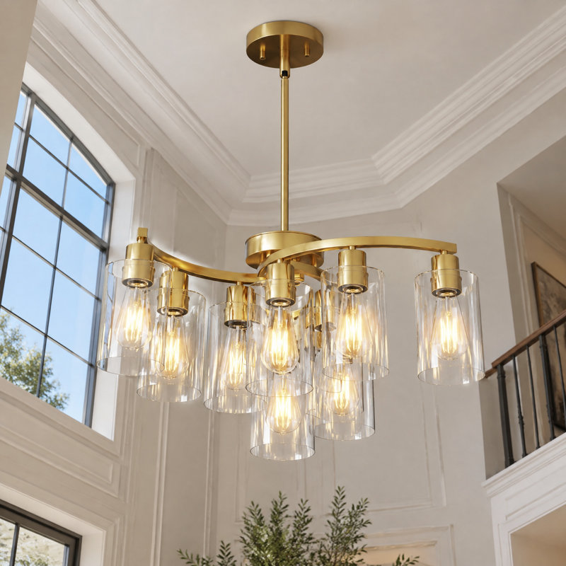 Lustre moderne de style ferme à 9 lumières, couleur or, 30 pouces, avec éclairage en verre transparent pour îlot de cuisine.