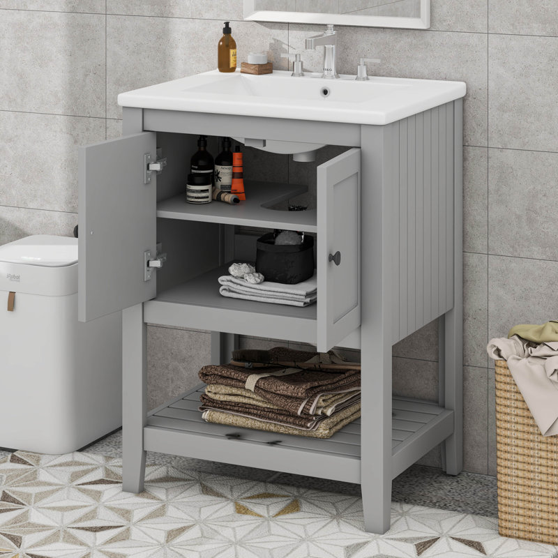 Lavabo de salle de bain moderne élégant en céramique 24 po avec tablette ouverte, Gris