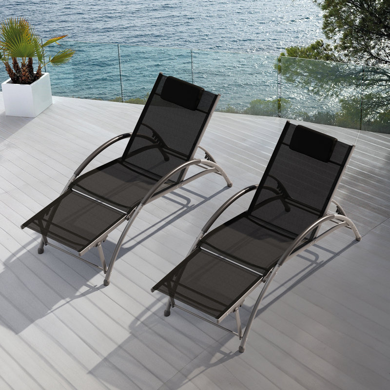 Ensemble de chaises longues d'extérieur en aluminium (ensemble de 2), Noir, noir, noir, noir