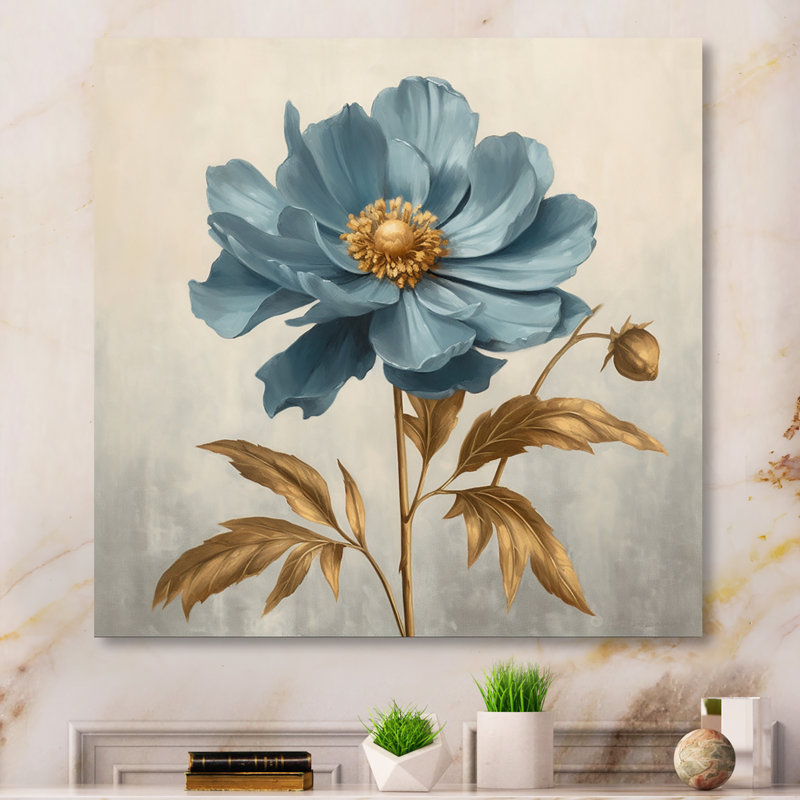 Anémone en fleurs, feuilles dorées rétro, art mural I - fleurs sauvages, salon, H 36 po x l 36 po x P 1,5 po, Toile tendue
