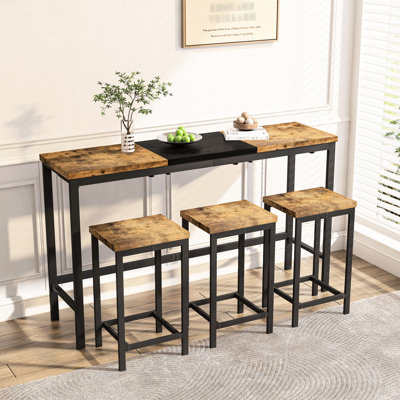 Elegant Long Dining Table With 3 Comfortable Stools, Space - Saving Feature, Natural + Black Color, For Daily Use Modern Pub Splicing Design, Black, Easy Maintenance