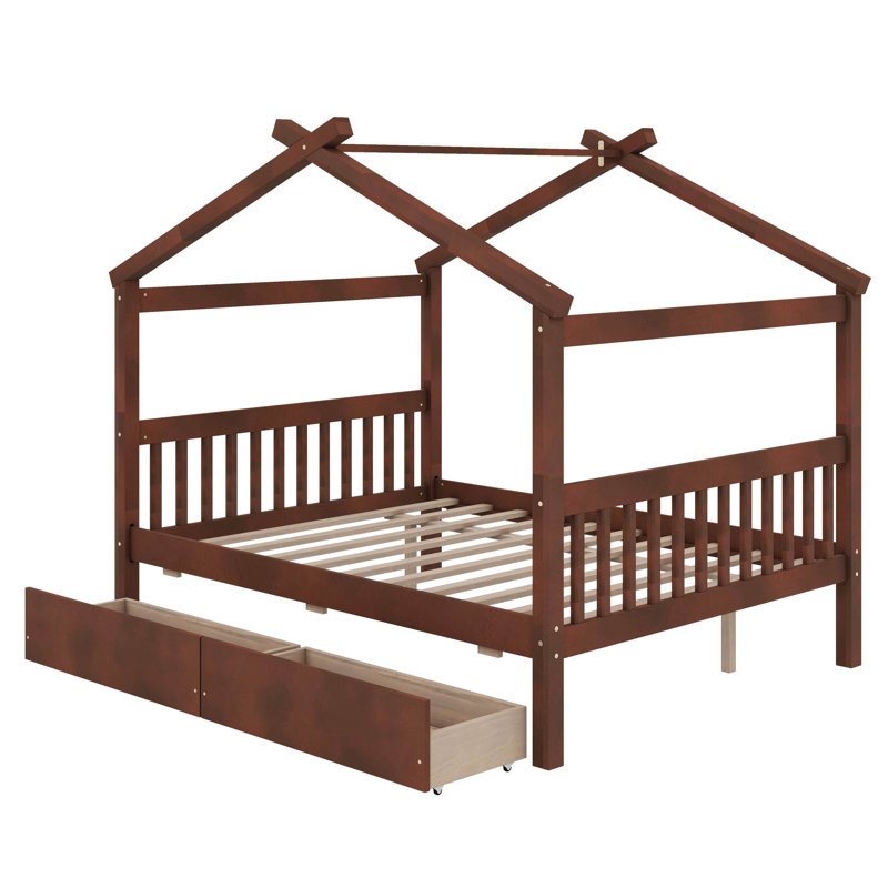 Wooden House Bed With Drawers, Full, Walnut