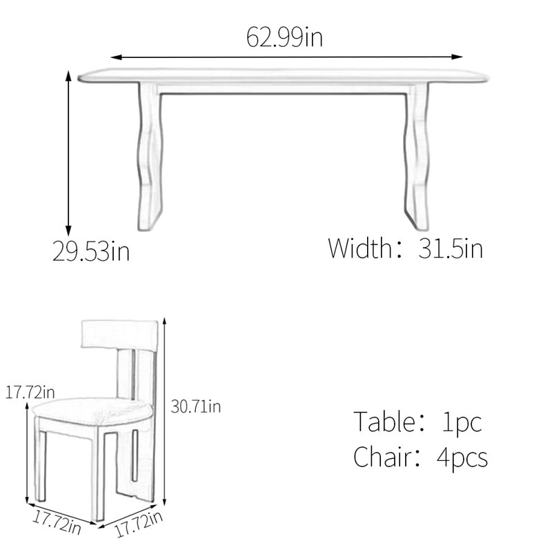 Ensemble de table de salle à manger à pieds ondulés en pierre frittée, H 29,53 po x L 62,99 po x l 31,5 po