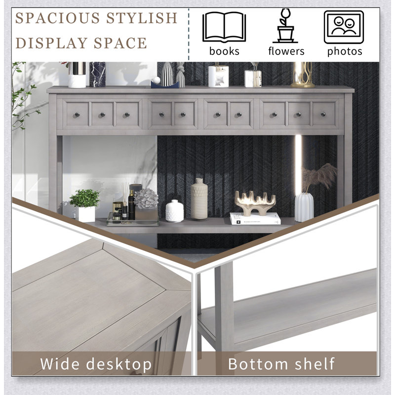 Console rustique avec deux tiroirs de taille différente et une tablette inférieure, finition gris délavé, parfaite pour le rangement et le style