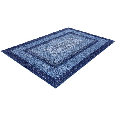 8x10 Large Braided Rug, Washable Area Rug for Living Room, Vintage Accent Rug, Braided Print Carpet, Low Pile Non-Shedding Kitchen Rugs with Non Slip Backing, Aesthetic Foldable Navy Rug
