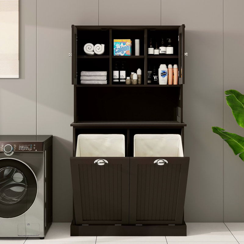 Armoire de salle de bain inclinable à deux compartiments avec panier à linge haut et 2 tablettes réglables, Noir
