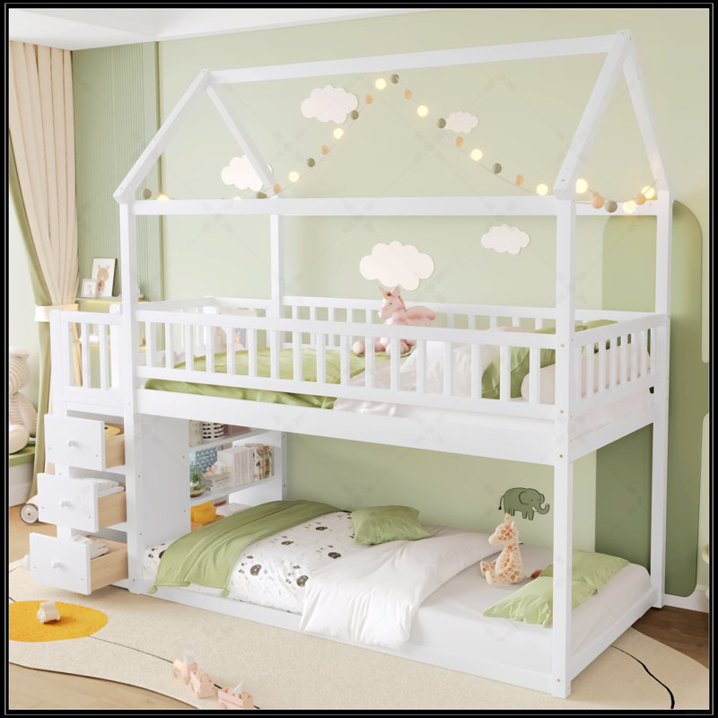 Twin/Twin House Bunk Bed With Shelves And Drawers, Whimsical Design For Kids' Rooms, Space-Saving And Durable