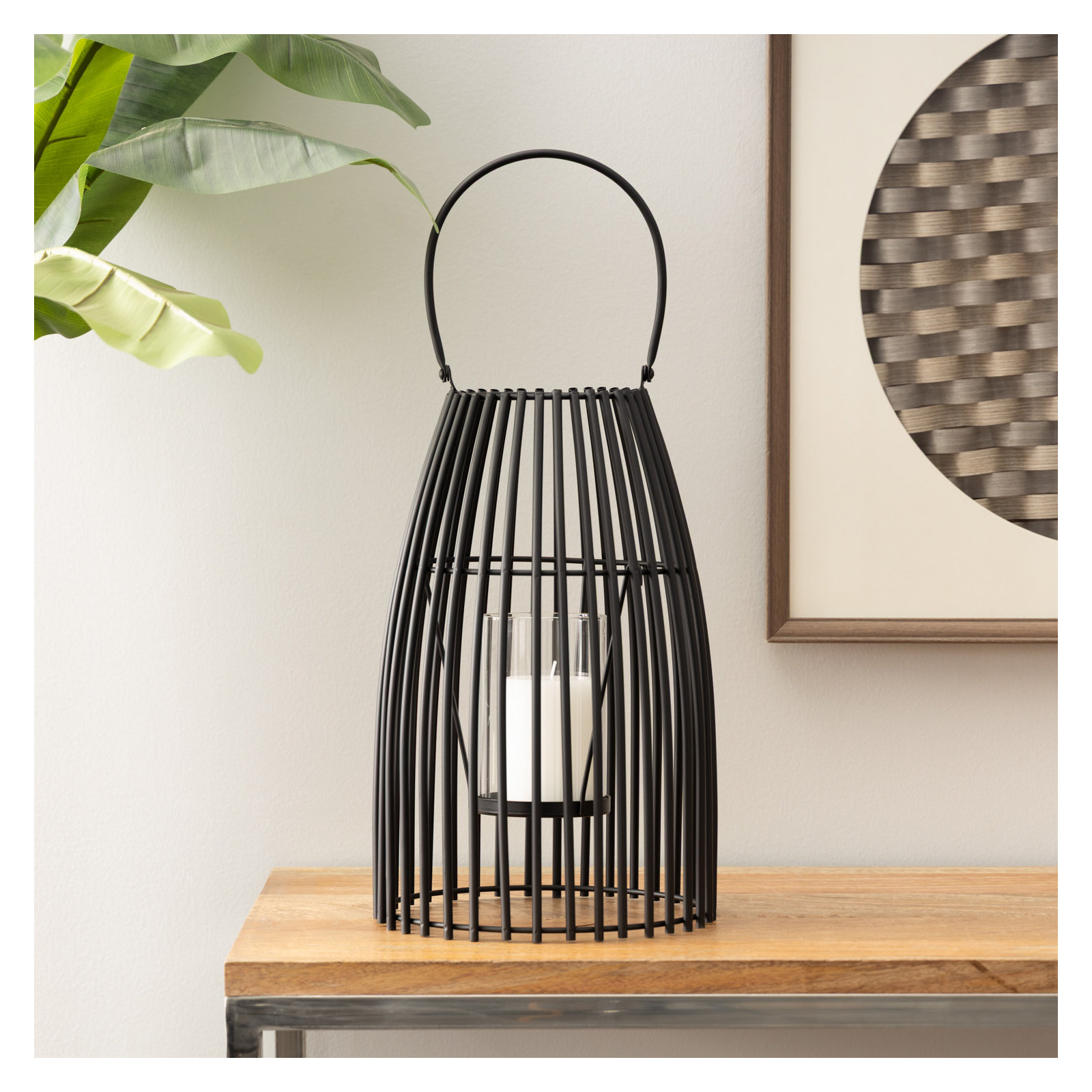 Metal Decorative Indoor Outdoor Candle Lantern with Handle, Black, 16" H x 9" W x 9" D