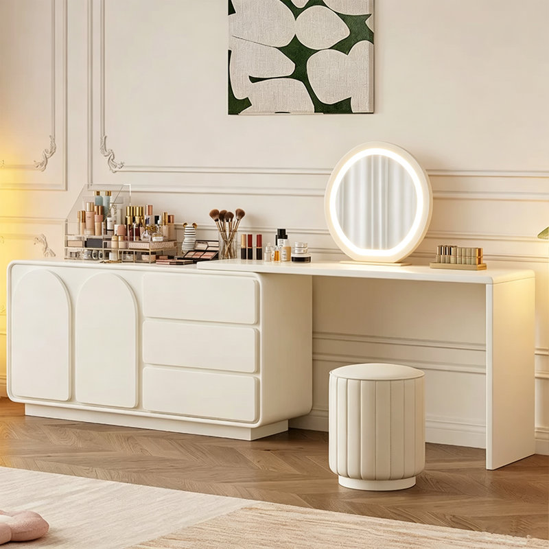 47.24"Modern Extendable Vanity Table with 3 Drawers and 2 Cabinets Rounded Design