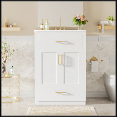 Meuble-lavabo de 24 pouces avec lavabo en céramique intégré, rangement spacieux et conception durable pour les petites et moyennes salles de bain