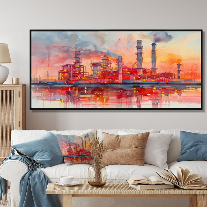 Rouge, orange, centrale électrique, paysage, centrales électriques, salon, H 28 po x l 60 po x P 1,5 po, Cadre flottant noir