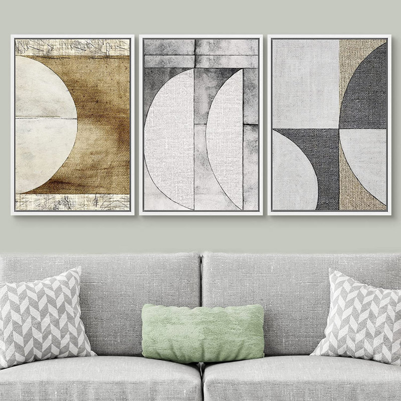 «Mid Century Shape Demi-Circle Polygon Collage», Abstrait, géométrique, illustrations, minimalisme - 3 pièces, cadre flottant, impression sur toile