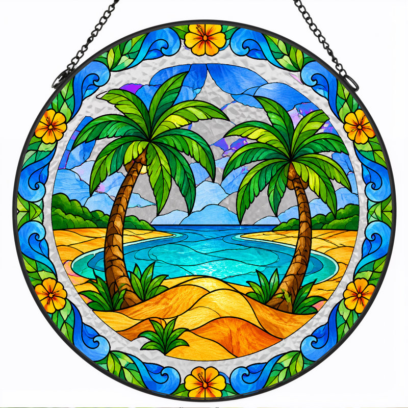 Art mural sur toile circulaire, palmiers tropicaux et plage en vitrail, H 12 po