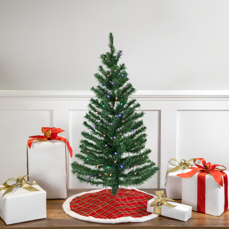 3' Green Pre-Lit Pine Artificial Christmas Tree with Multicolor LED Lights