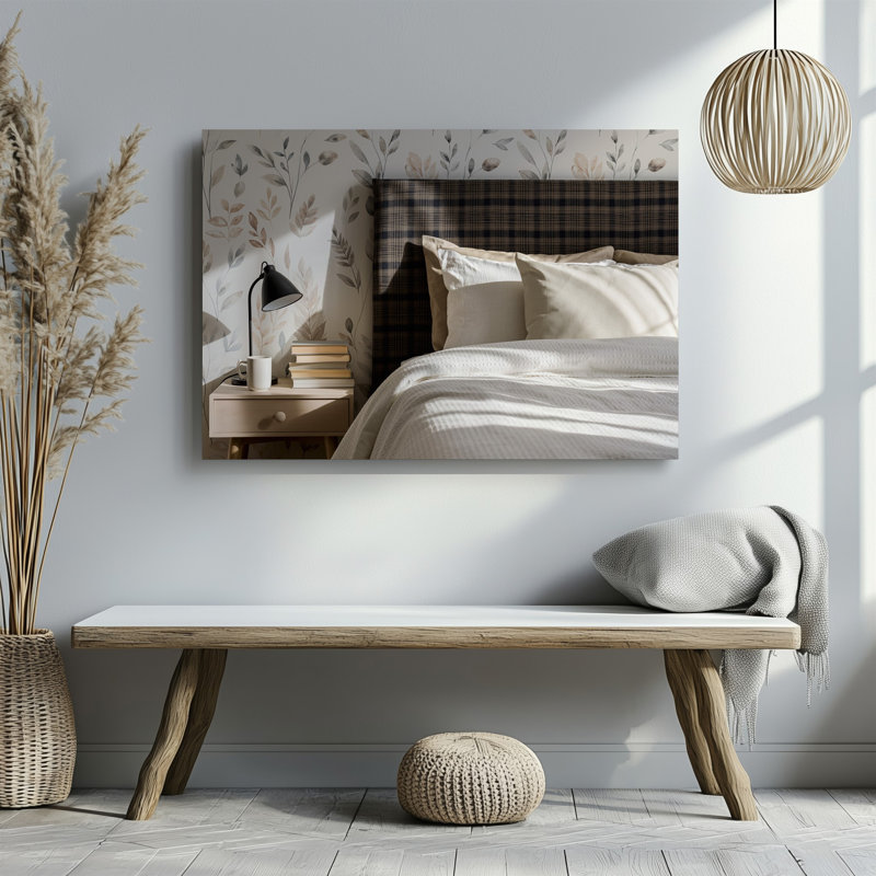 Toile, scène de chambre à coucher scandinave sereine avec une tête de lit à motif écossais dans des tons foncés complétée par un art mural blanc sur toile