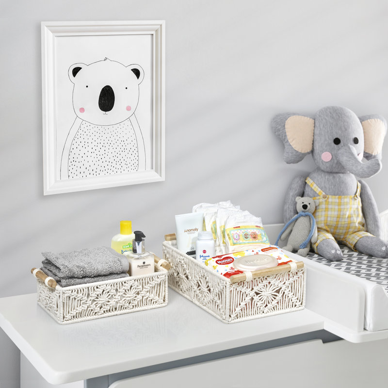 White Macrame Rectangular Fabric Storage Baskets Set