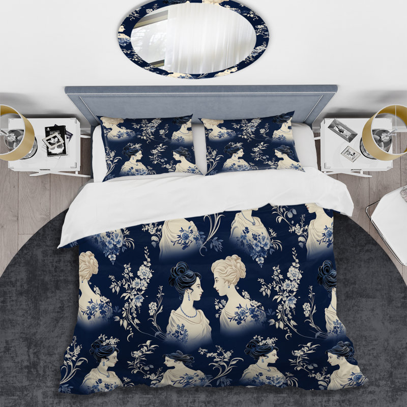 Ensemble de housse de couette Cobalt Blue Cameo Silhouettes, Housse de couette pour grand lit et 2 taies décor