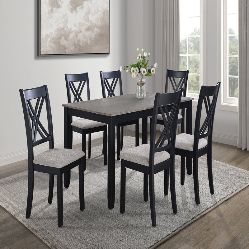 7-Pc Dinette Set Light Black Gray Rectangular Table Grey Upholstered Chairs