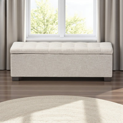 Zebulon Beige Fabric Upholstered Ottoman Bench with Grid-Tufting, 15.24" H X 45.88" W X 16.53" D