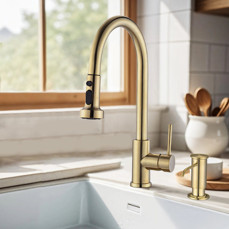 Topcraft Single Handle Single Hole Pull Down Kitchen Sink Faucet With Soap Dispenser, Gold/Brushed Gold
