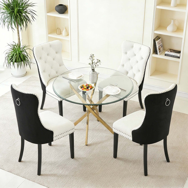 5-Piece Round Glass Table Set With Velvet Chairs – Metal Base, Seats 4, 5 Pieces: Table, 4 Chairs, White/Black, Gold