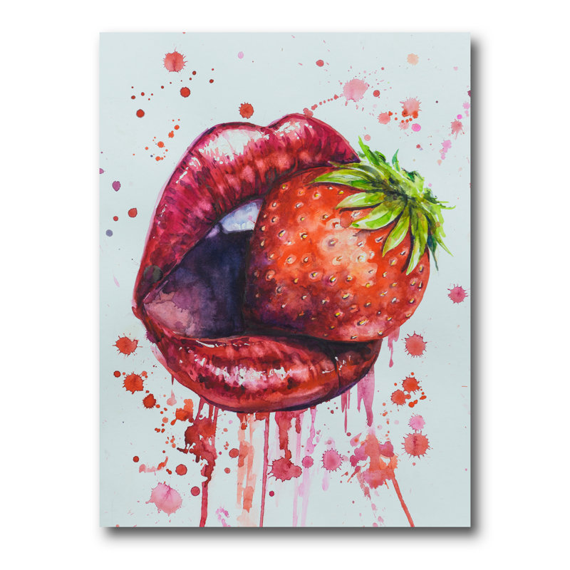 «Red Woman Lips Eating a Strawberry», peinture sur toile, H 32 po x l 16 po x P 1 po, Toile tendue