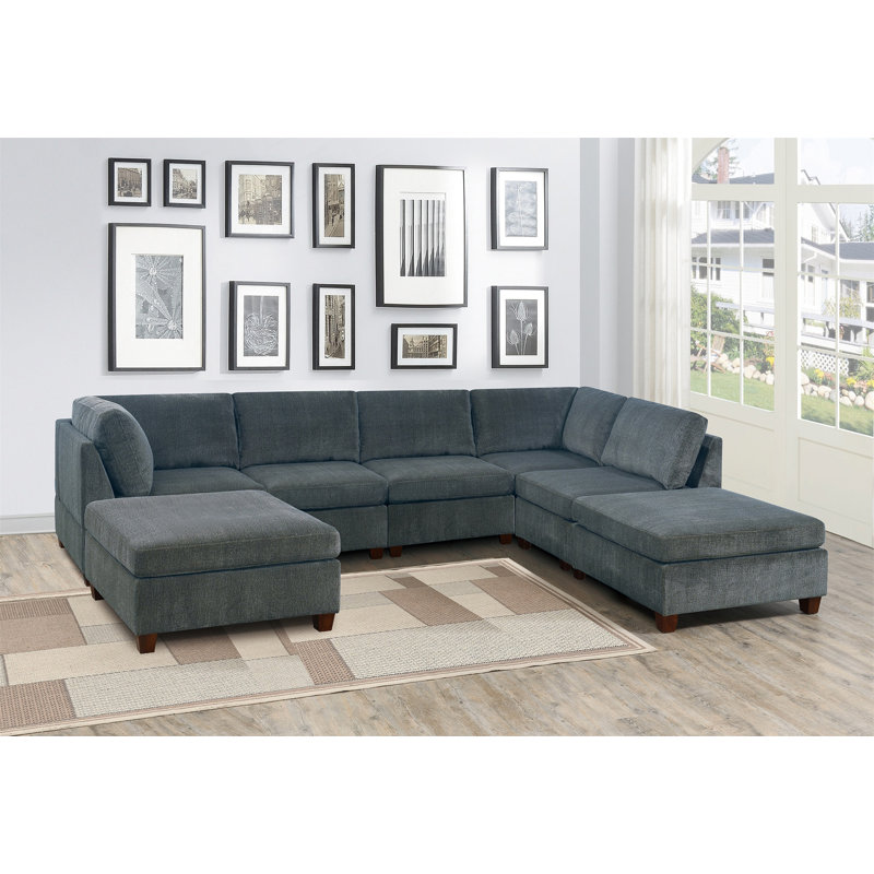 Ensemble de canapé modulaire modulaire en U modulaire 7 pièces avec revêtement en chenille, 2 coins d'angle, 3 fauteuils sans accoudoirs et 2 repose-pieds pour une assise polyvalente